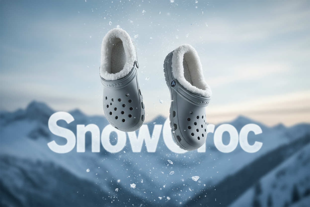 fai due crocs con la prospettiva che stanno cadendo di punta con dentro il pelo bianco per riscaldare i piedi all'inverno e dietro in secondo piano scrivi SnowCroc, dimensione dell'immagine 2000x1080