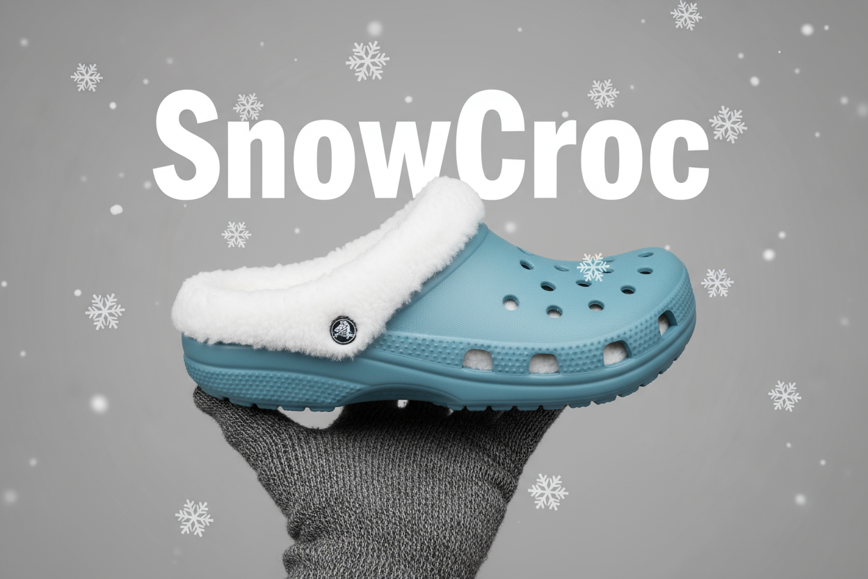 Genera una mano che tiene una crocs con dentro del pelo bianco per riscaldare i piedi all'inverno sfondo grigio con scritto dietro SnowCroc, aggiungi fiocchi di neve decorativi 1920x1080